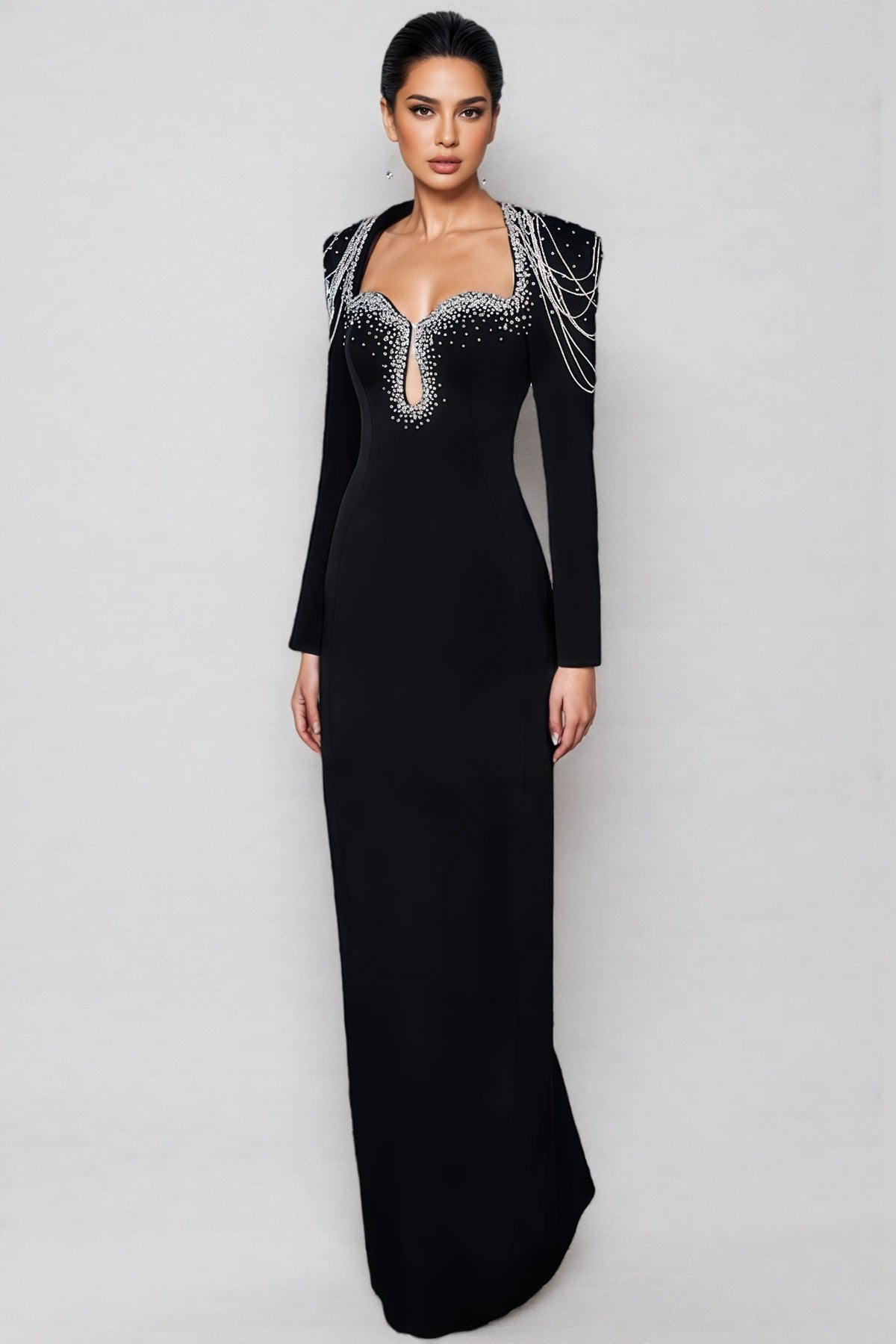 Crystal Fringe Shoulder Sweetheart Keyhole Column Maxi Gown - View 2