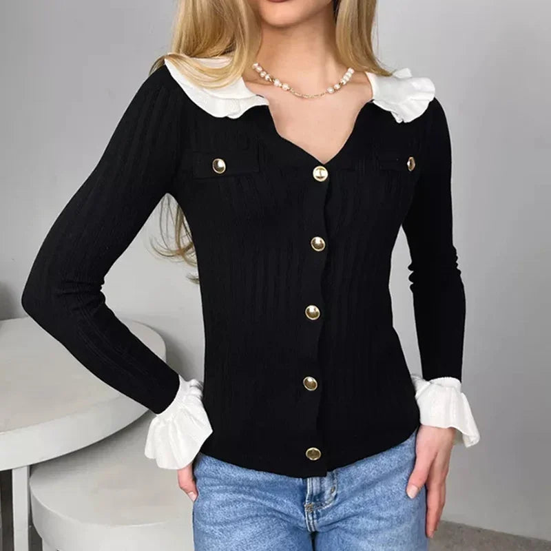 Elegant Patchwork Ruffle Long Sleeve Cardigan Black / S