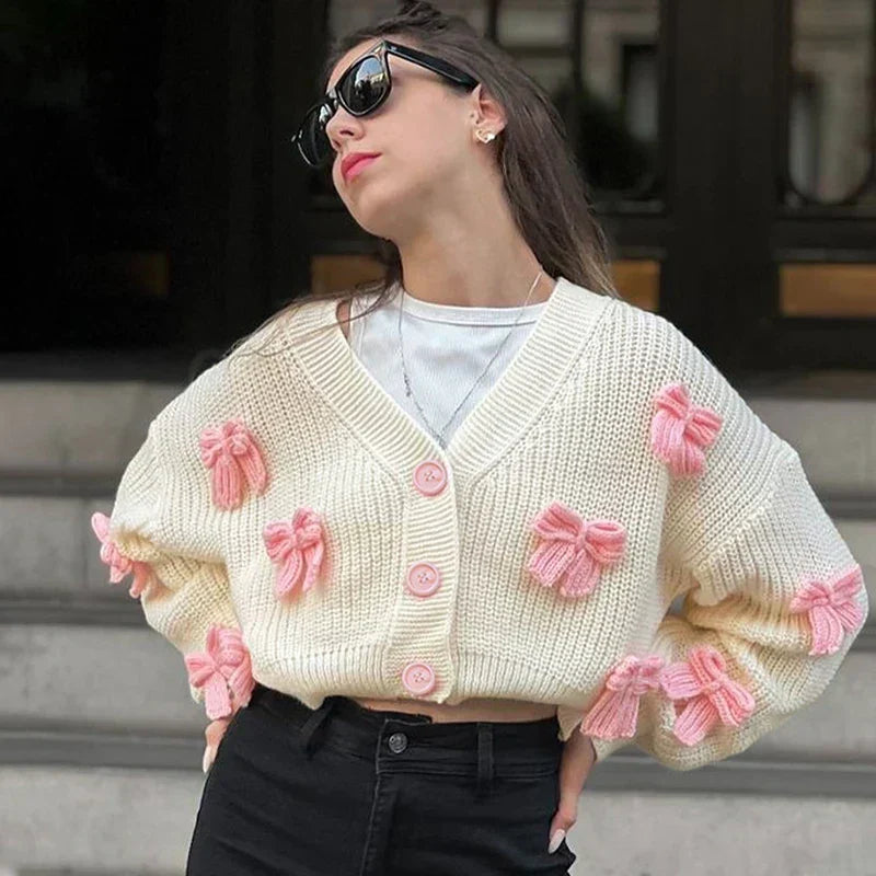 Embroidered Bow V-neck Cardigan