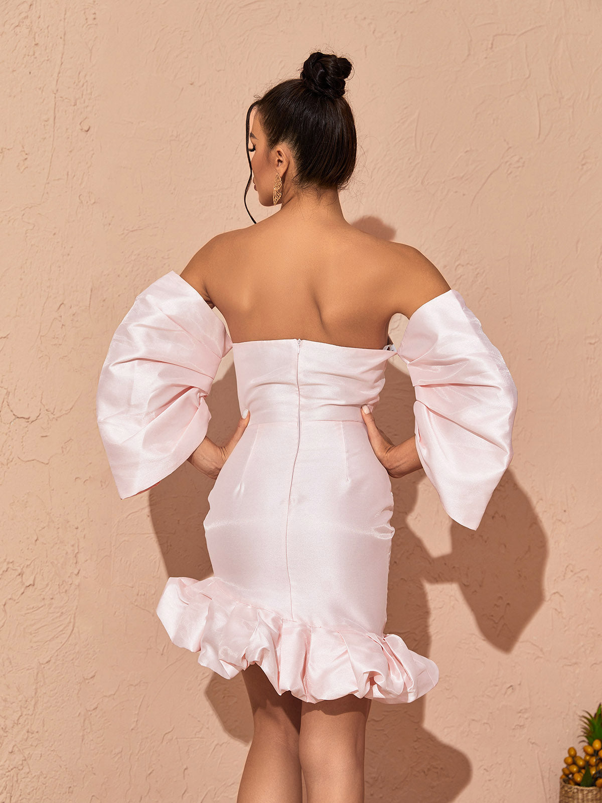 Satin Off Shoulder Puff Sleeve Ruffle Hem Bodycon Mini Dress - View 5