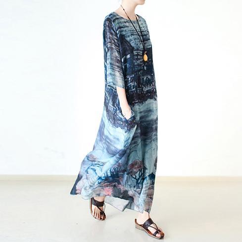 Landscape Print Scoop Neck Elbow Sleeve Pocket Kaftan Maxi Dress - View 2