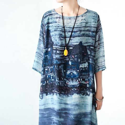 Landscape Print Scoop Neck Elbow Sleeve Pocket Kaftan Maxi Dress - View 5