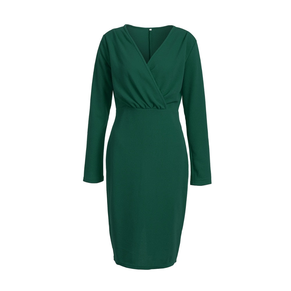Deep V-Neck Long Sleeve Wrap Bodycon Midi Dress - View 8