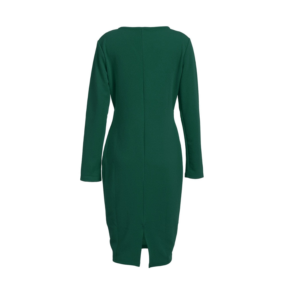 Deep V-Neck Long Sleeve Wrap Bodycon Midi Dress - View 12