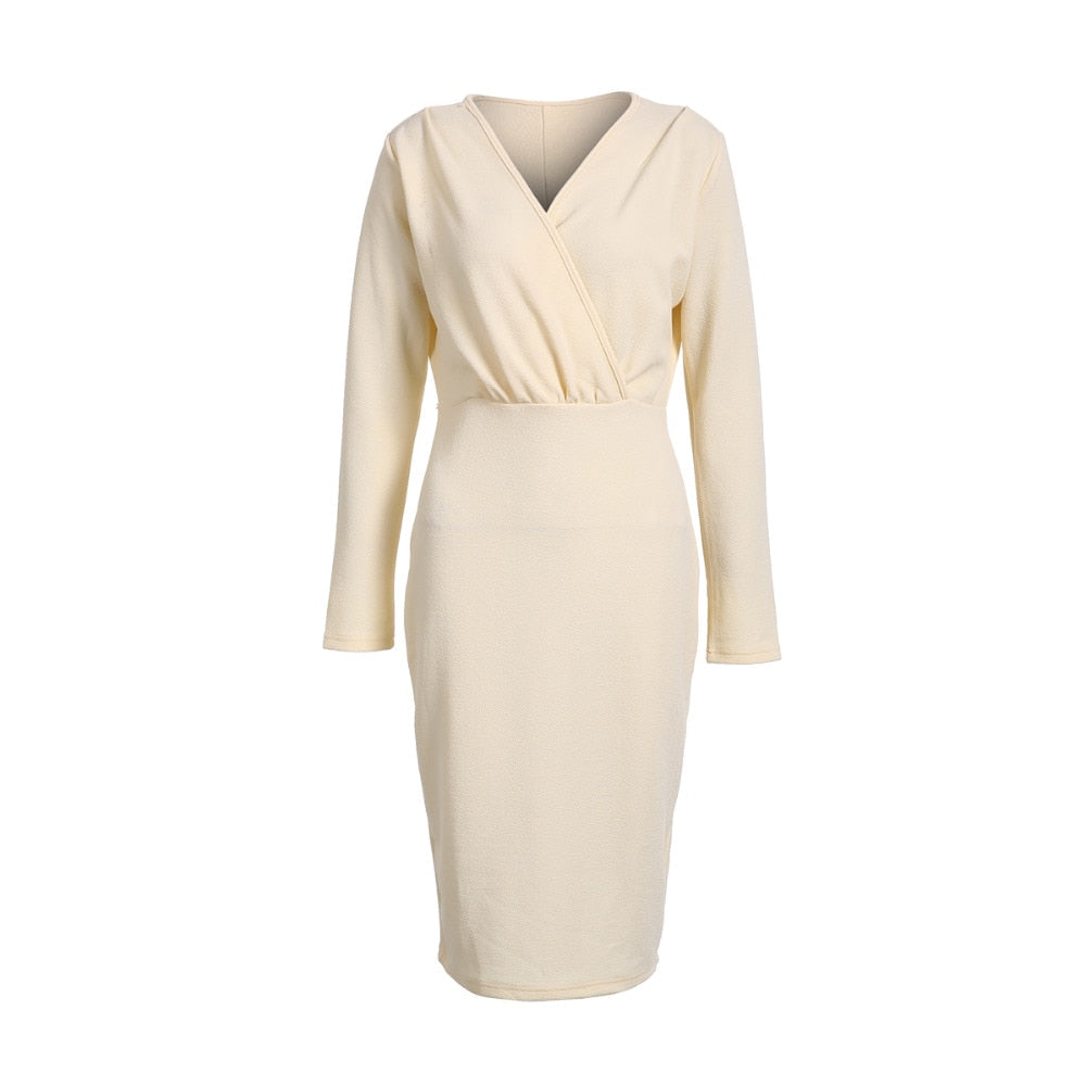 Deep V-Neck Long Sleeve Wrap Bodycon Midi Dress - View 18