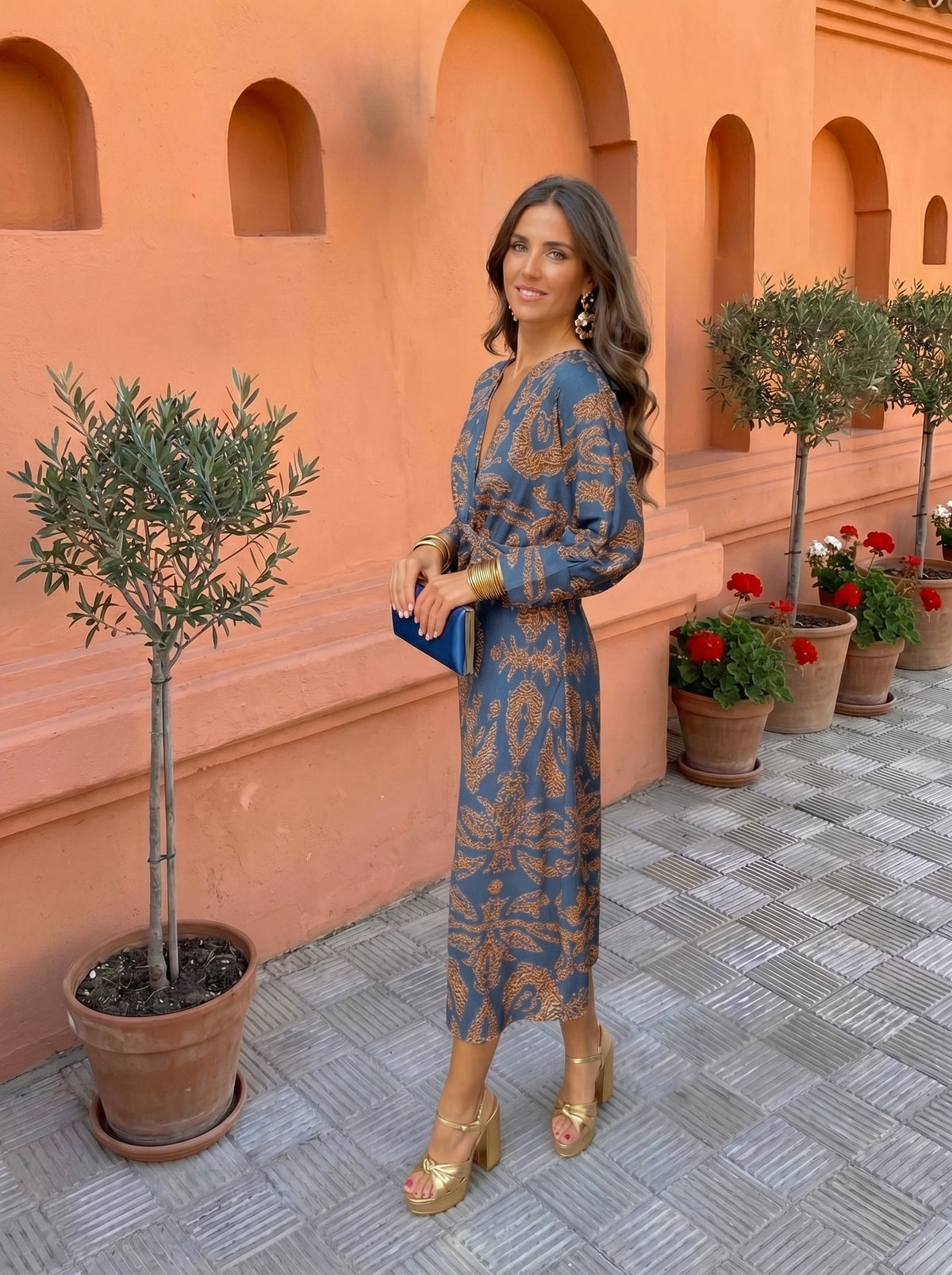 Botanical Print Deep V-Neck Twist Front Long Sleeve Midi Dress 2