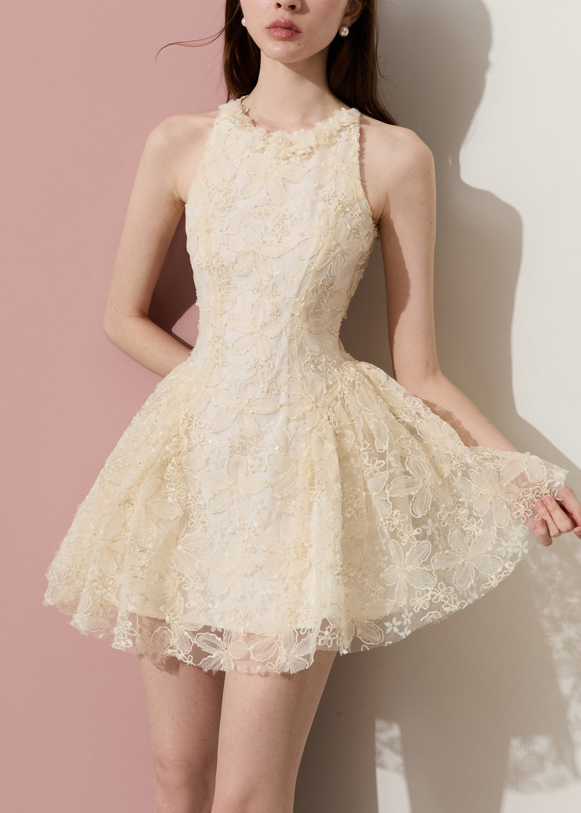 Lace High Neck Ruffle Trim Fit and Flare Scalloped Hem Mini Dress - View 4
