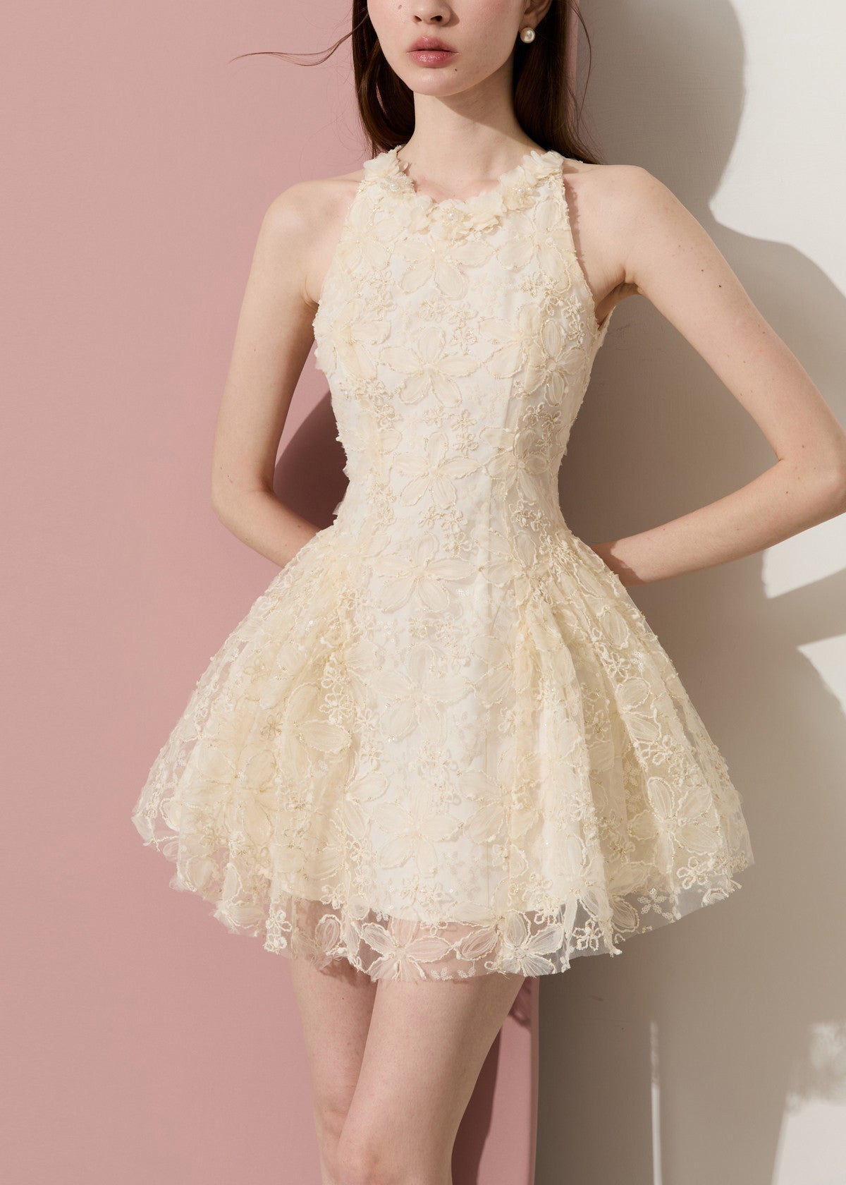 Lace High Neck Ruffle Trim Fit and Flare Scalloped Hem Mini Dress - View 5