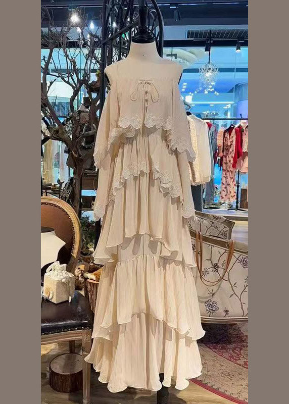 Lace Trim Cold Shoulder Long Sleeve Spaghetti Strap Maxi Dress