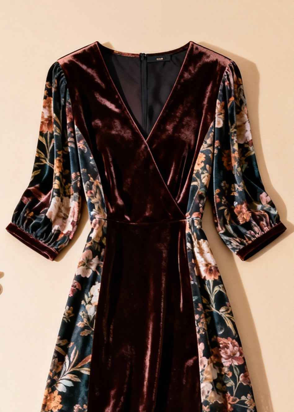 Velvet Panel Floral Print Wrap V-Neck Mesh Ruffle Hem Midi Dress - View 2