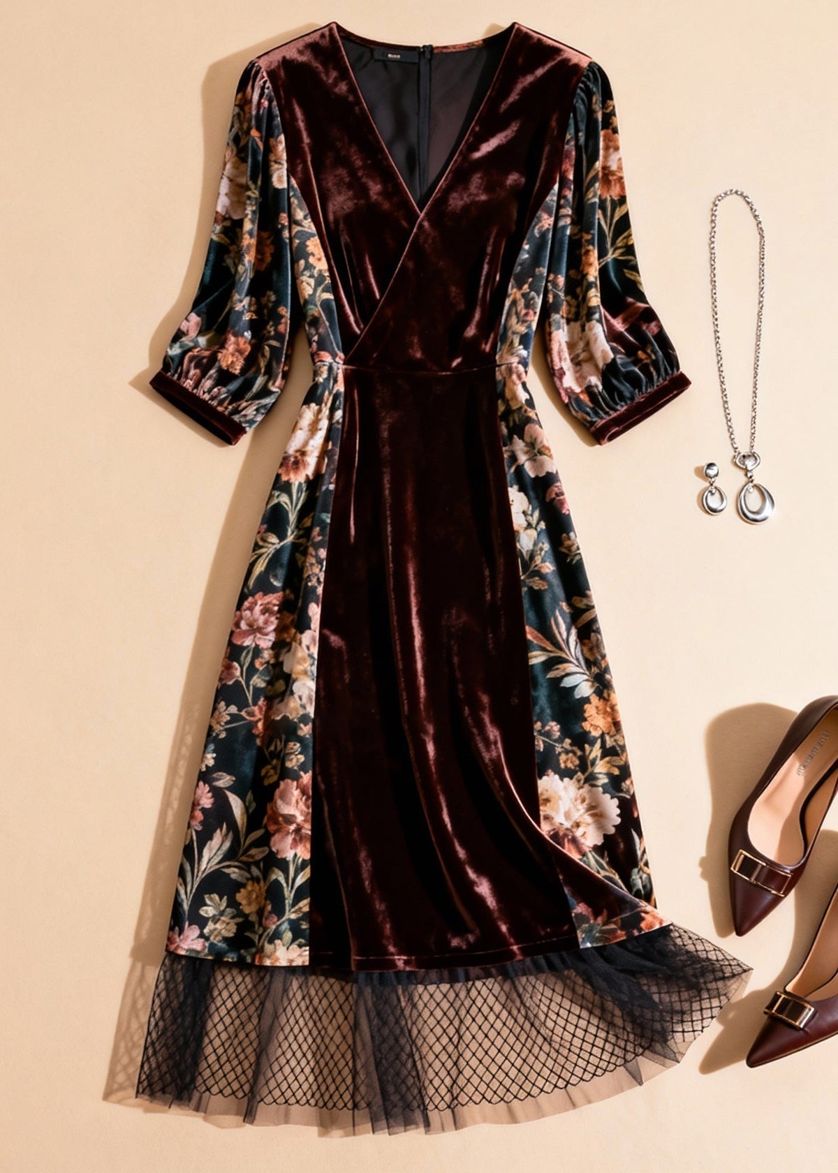 Velvet Panel Floral Print Wrap V-Neck Mesh Ruffle Hem Midi Dress - View 3