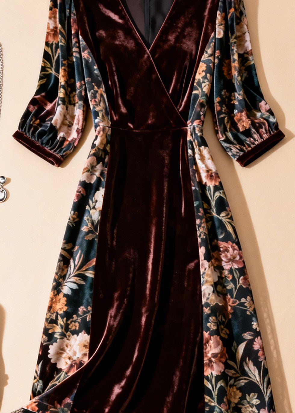 Velvet Panel Floral Print Wrap V-Neck Mesh Ruffle Hem Midi Dress - View 4