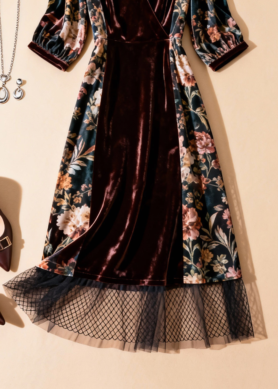 Velvet Panel Floral Print Wrap V-Neck Mesh Ruffle Hem Midi Dress - View 5