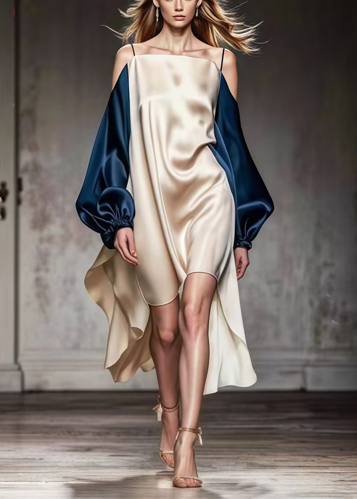 Cold Shoulder Spaghetti Strap Puff Sleeve High Low Satin Mini Dress - View 2