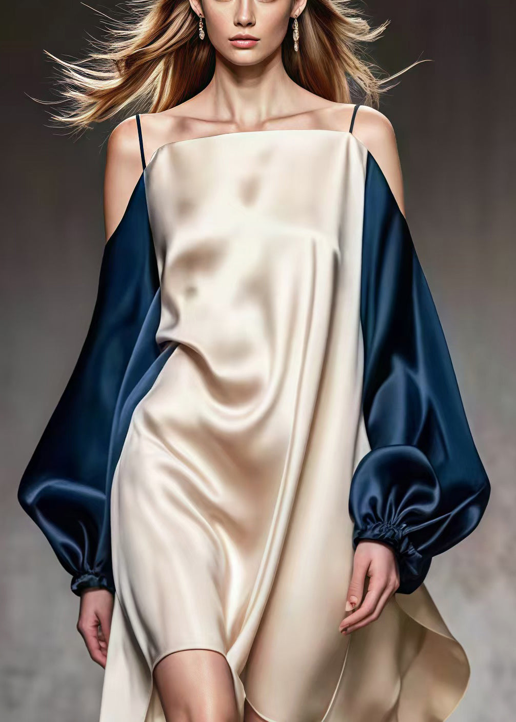 Cold Shoulder Spaghetti Strap Puff Sleeve High Low Satin Mini Dress - View 3