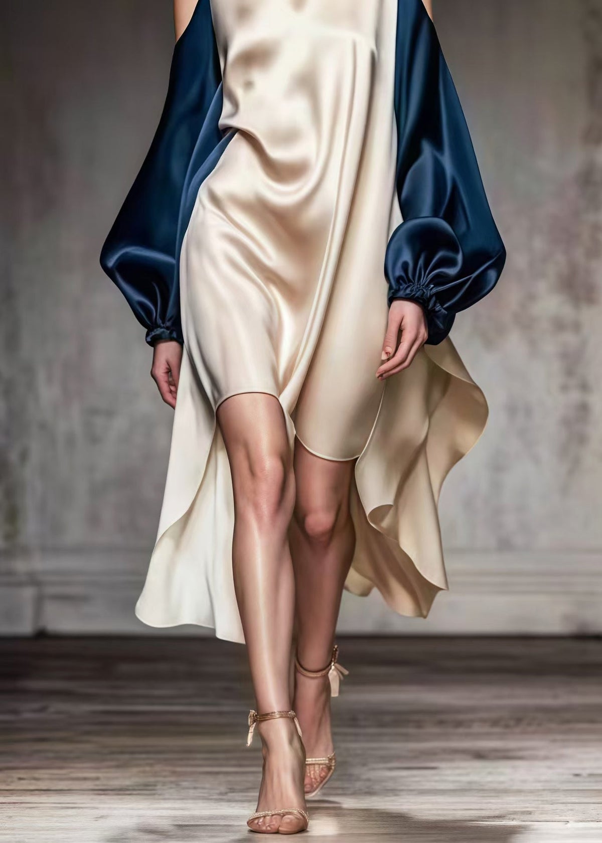 Cold Shoulder Spaghetti Strap Puff Sleeve High Low Satin Mini Dress - View 5