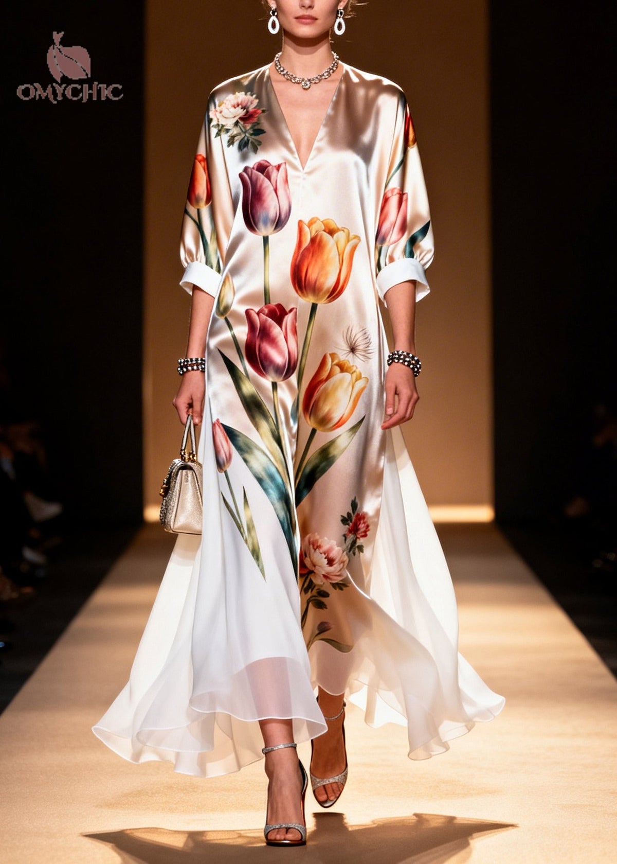 Floral Tulip Print Deep V-Neck Contrast Cuff Sheer Maxi Dress - View 3