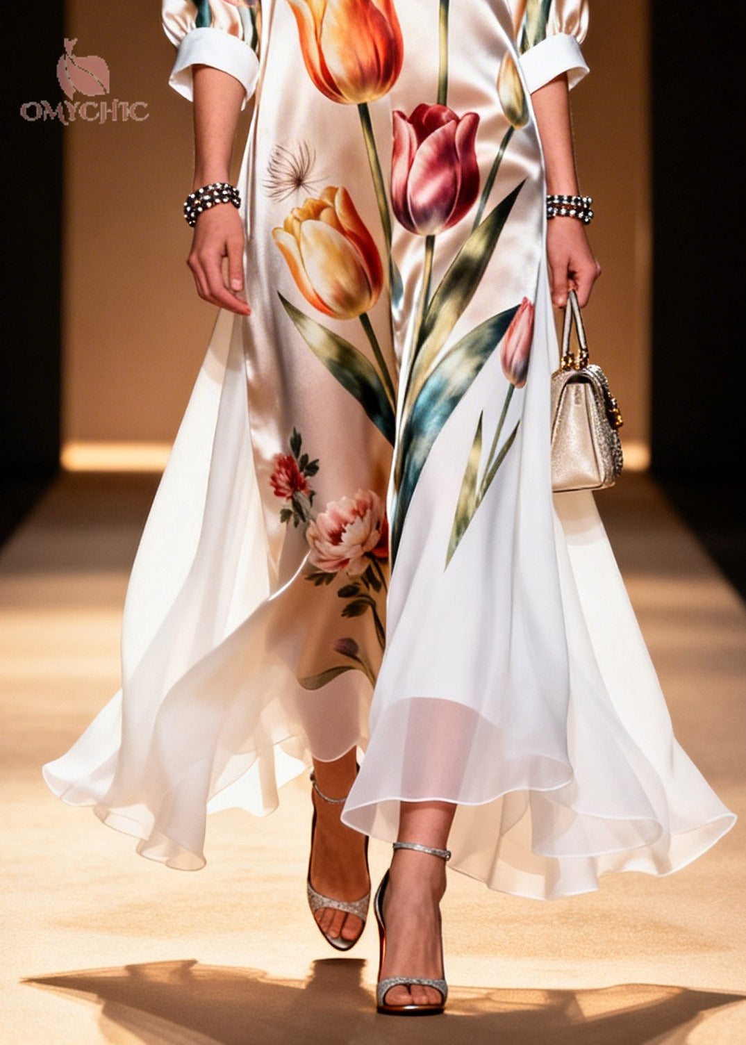 Floral Tulip Print Deep V-Neck Contrast Cuff Sheer Maxi Dress - View 4