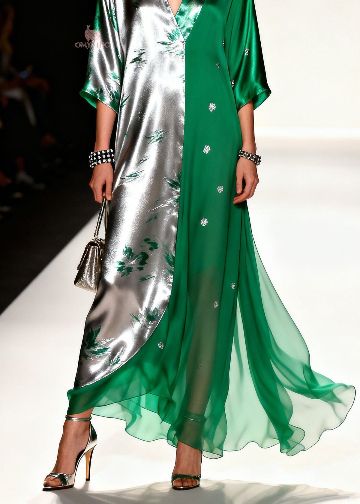 Metallic Floral Sequin Split Panel Deep V-Neck Wide Sleeve Maxi Gown - View 4