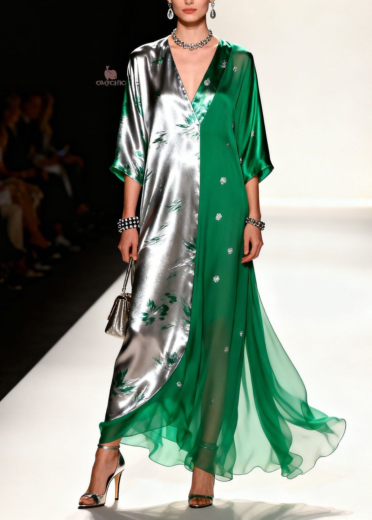 Metallic Floral Sequin Split Panel Deep V-Neck Wide Sleeve Maxi Gown - View 5