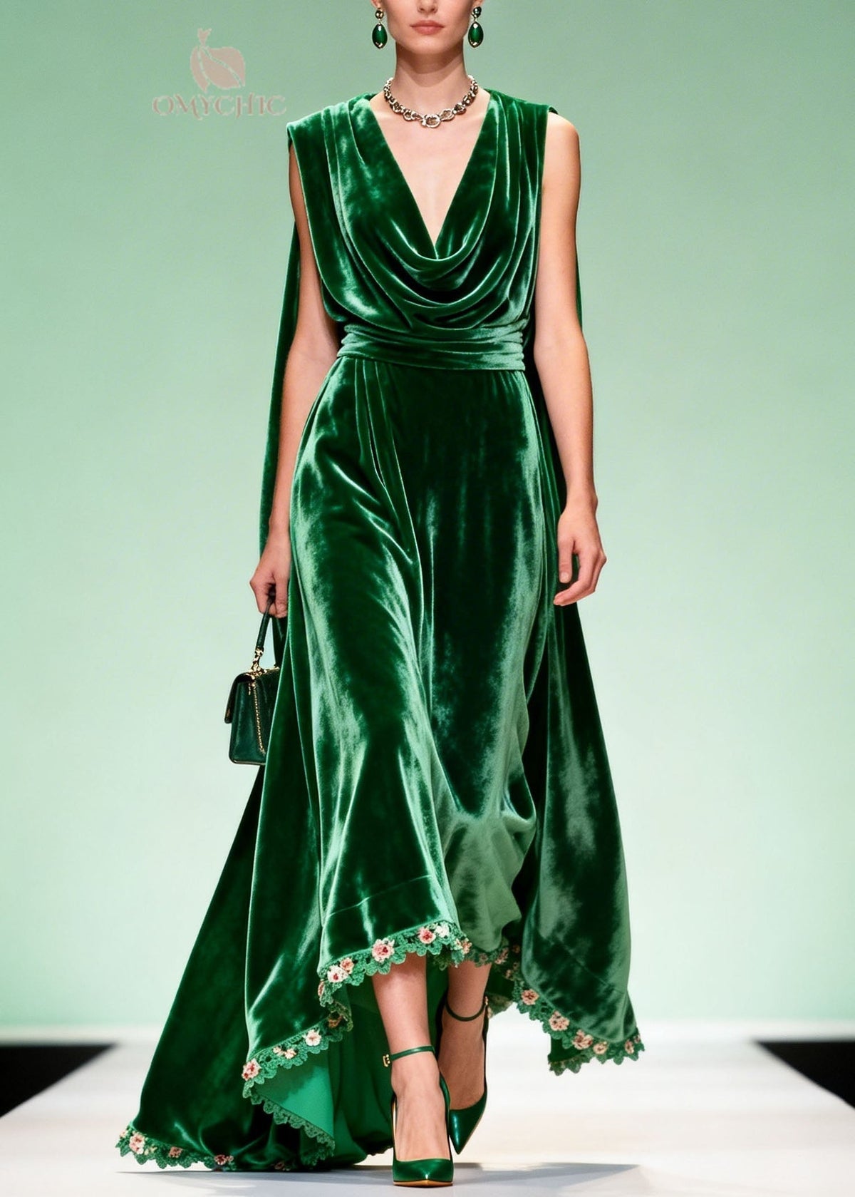 Velvet Cowl Neck Floral Lace Trim High Low Cape Back Sleeveless Gown - View 3