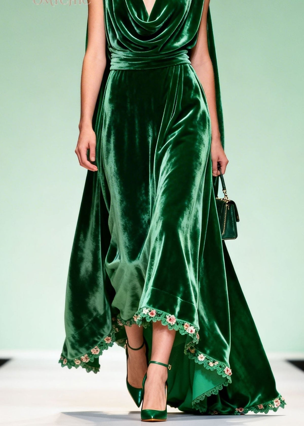 Velvet Cowl Neck Floral Lace Trim High Low Cape Back Sleeveless Gown - View 4