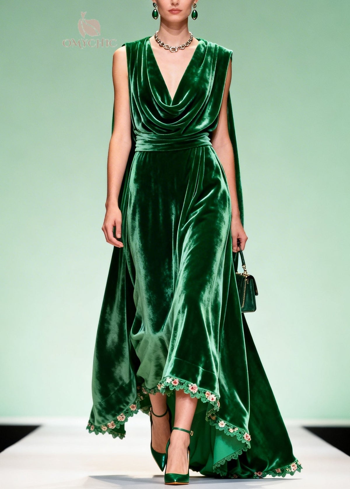 Velvet Cowl Neck Floral Lace Trim High Low Cape Back Sleeveless Gown - View 5