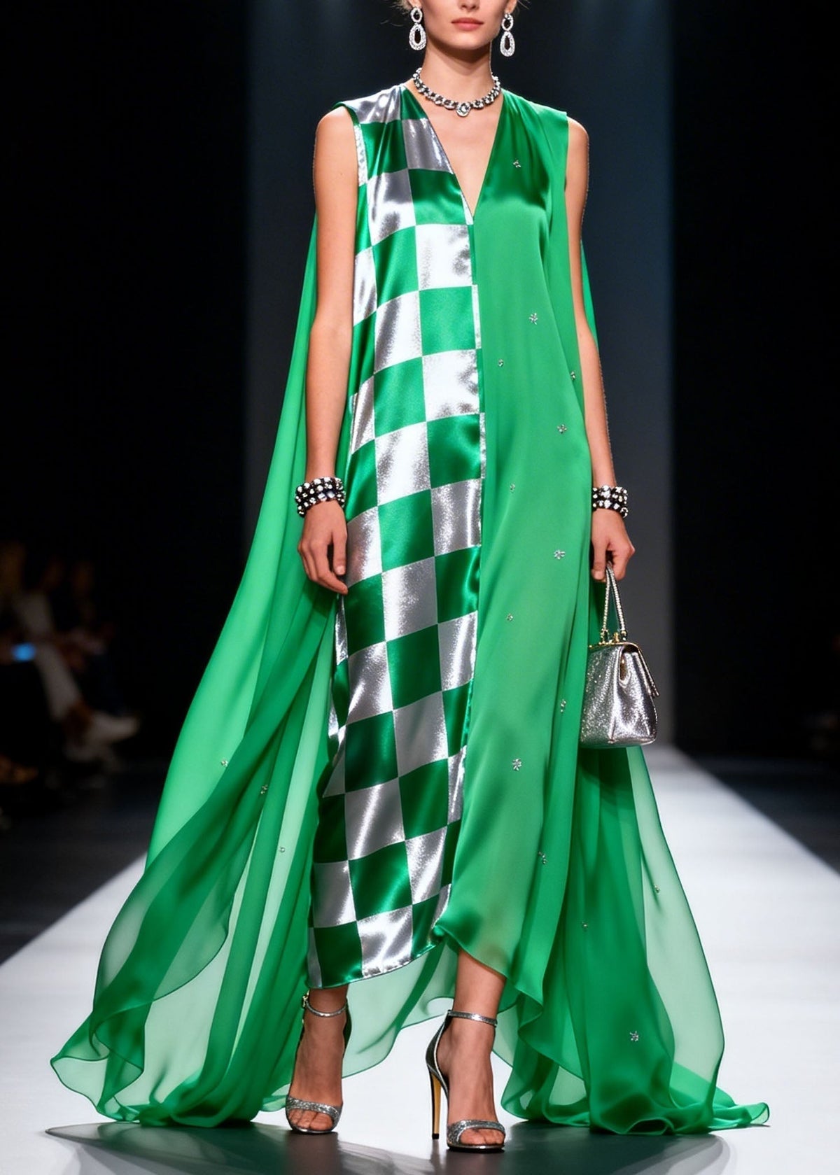 Checkered Panel Rhinestone Deep V-Neck Sleeveless Cape Maxi Gown - View 5