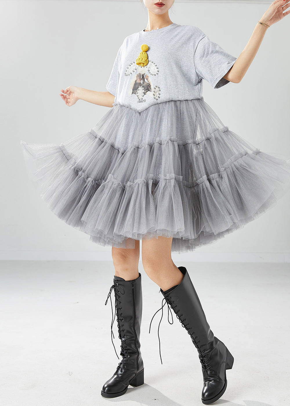 Short Sleeve Crew Neck Beaded Graphic Patch Tiered Tulle Mini Dress - View 3