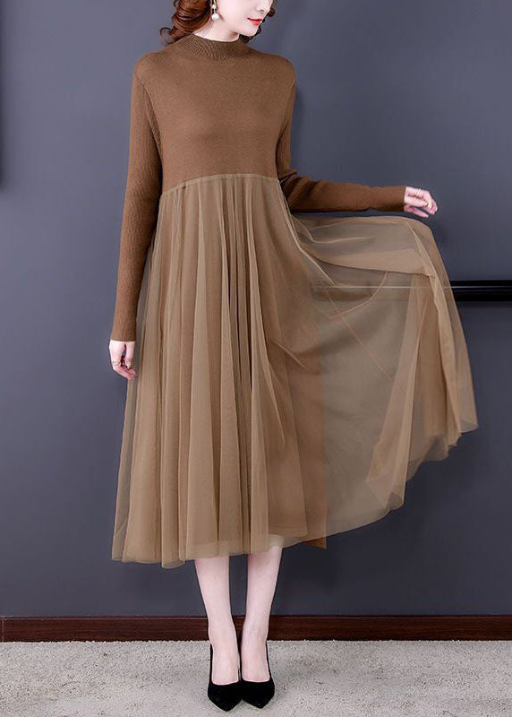 Unique Khaki Stand Collar Tulle Patchwork Knit Long Dress Long Sleeve - View 2