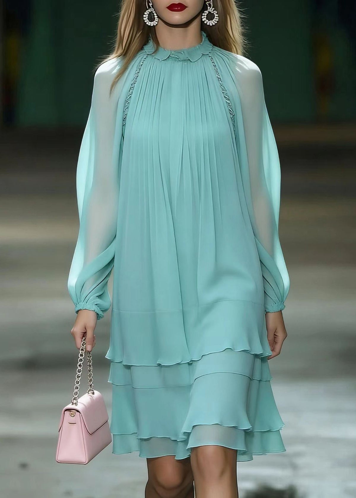 Chiffon Ruffle Collar Tiered Ruffle Long Sleeve Knee Length Dress - View 3