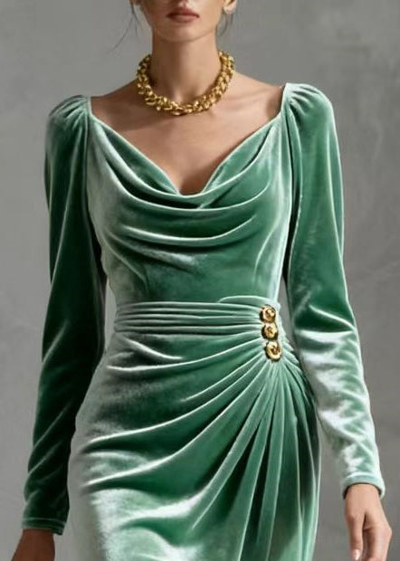 Velvet Cowl Neck Long Sleeve Ruched Wrap High Split Midi Dress - View 2