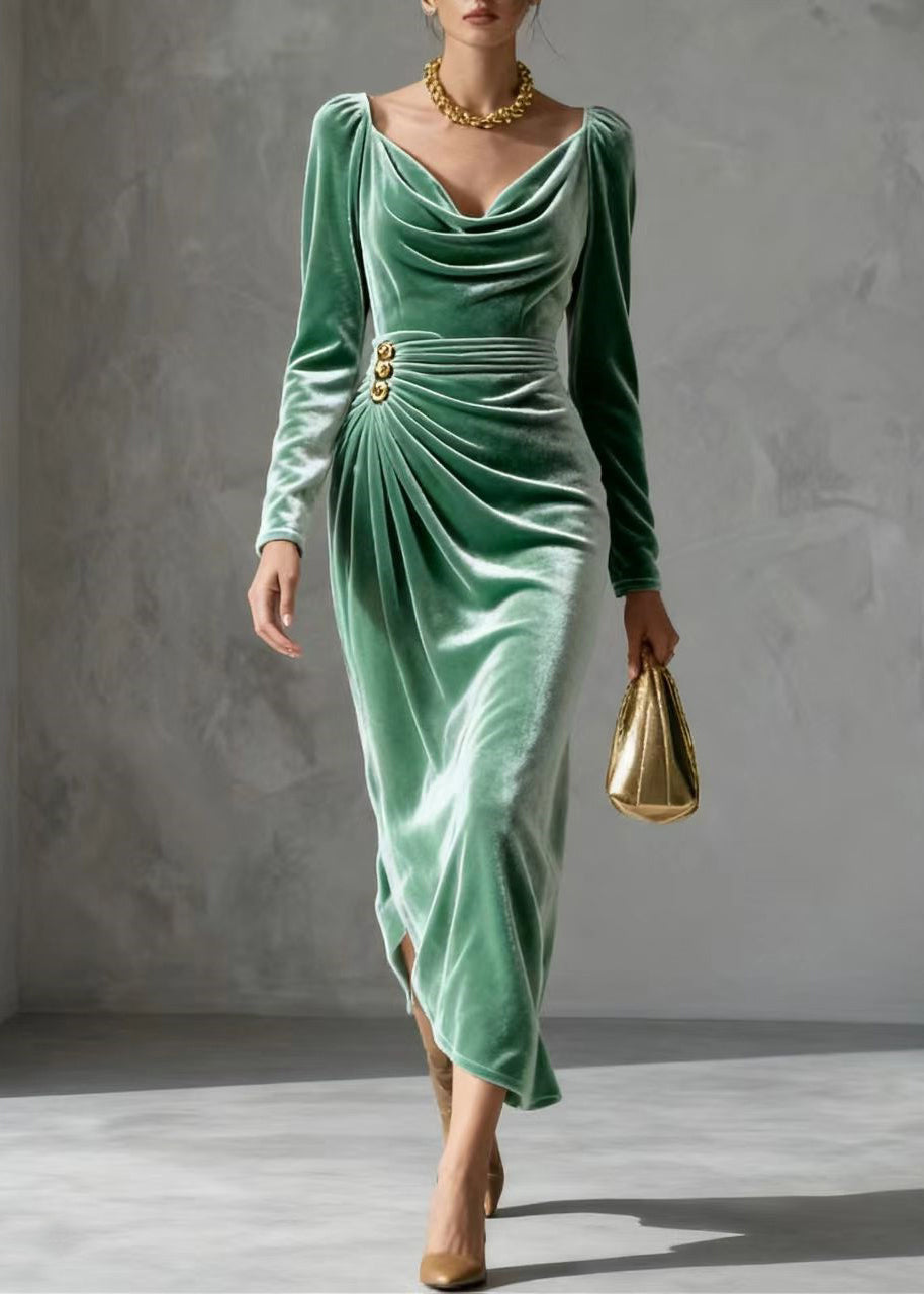 Velvet Cowl Neck Long Sleeve Ruched Wrap High Split Midi Dress - View 3