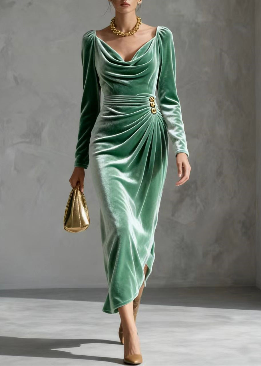 Velvet Cowl Neck Long Sleeve Ruched Wrap High Split Midi Dress - View 5