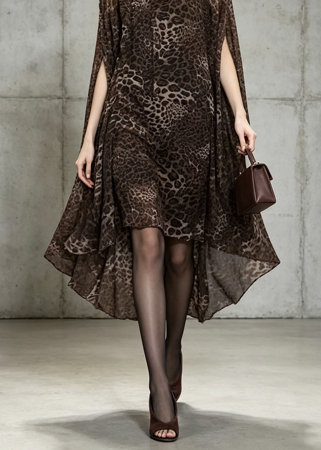 Chiffon Animal Print Boat Neck Cape Sleeve High Low Hem Cocktail Dress - View 4