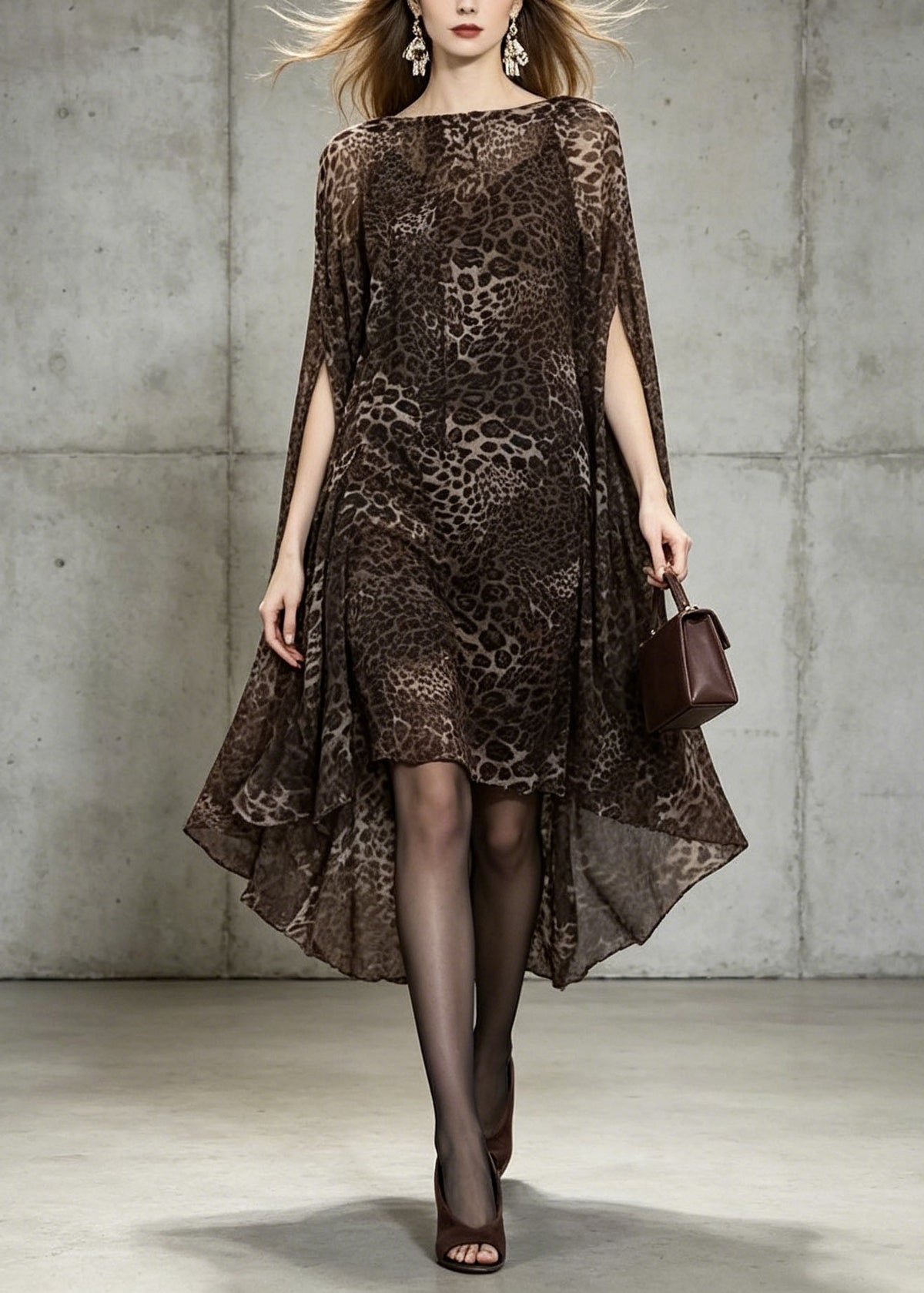 Chiffon Animal Print Boat Neck Cape Sleeve High Low Hem Cocktail Dress - View 5