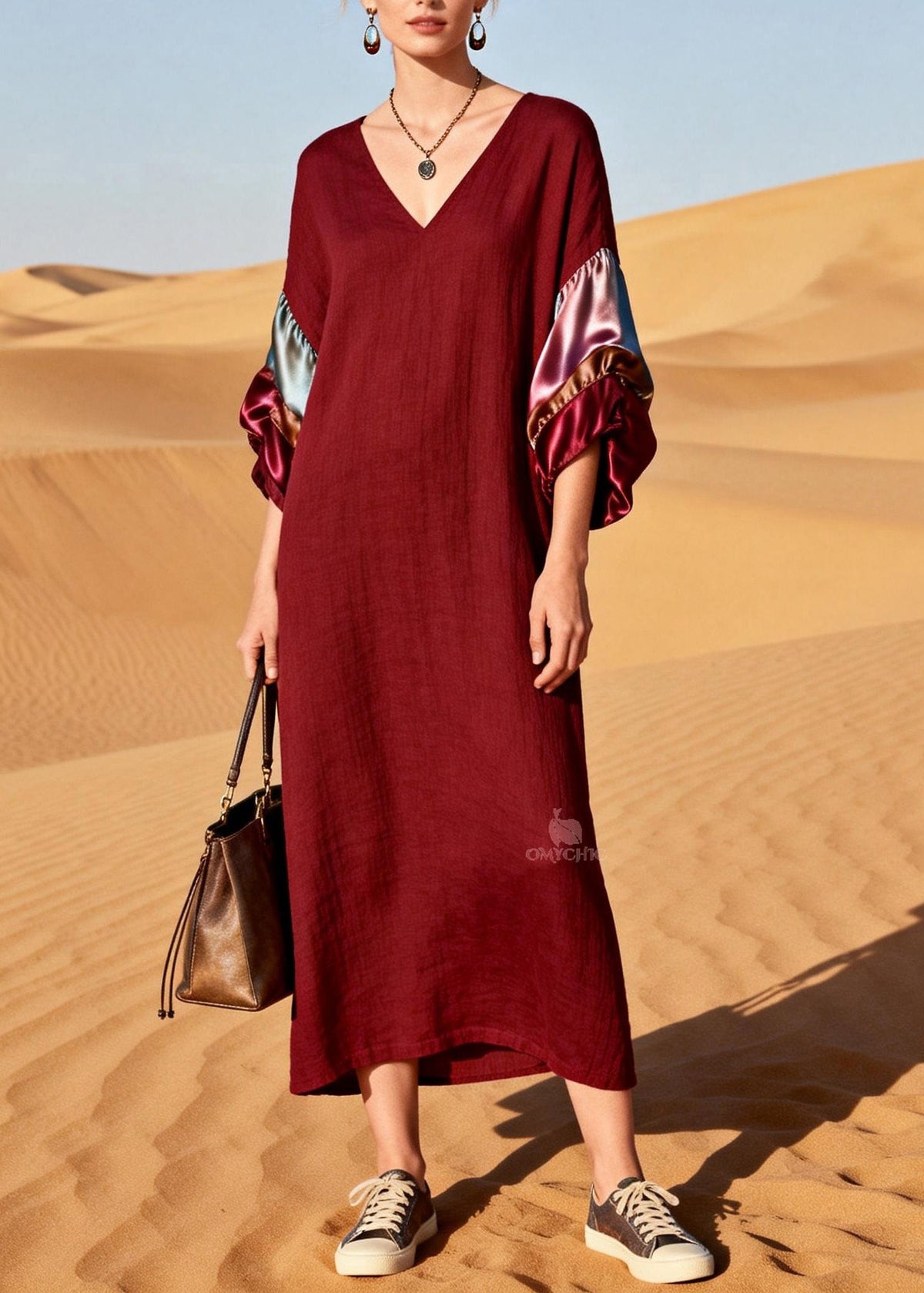 V-Neck Long Balloon Sleeve Horizontal Satin Panel Crinkle Maxi Dress - View 3