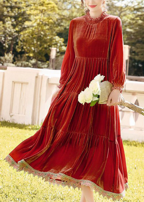 Velvet Ruffle Collar Long Sleeve Cuff Tiered Lace Trim Maxi Dress - View 2