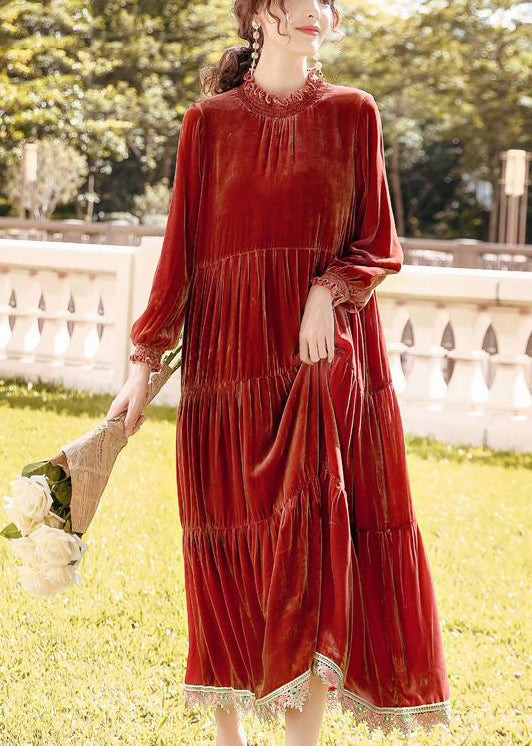 Velvet Ruffle Collar Long Sleeve Cuff Tiered Lace Trim Maxi Dress - View 3