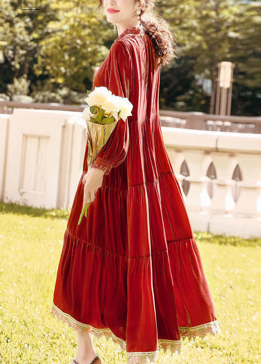 Velvet Ruffle Collar Long Sleeve Cuff Tiered Lace Trim Maxi Dress - View 4