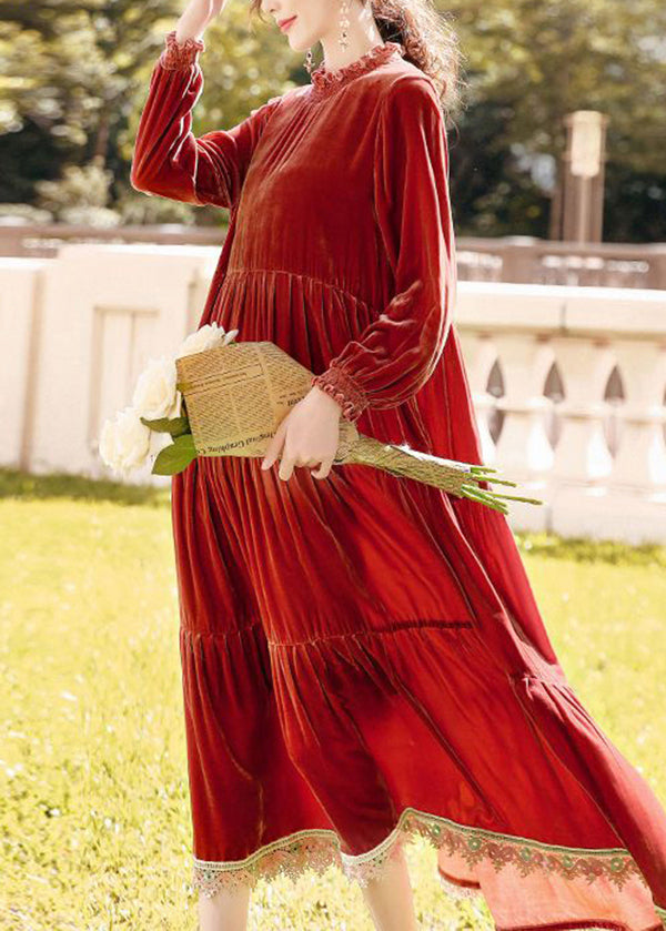 Velvet Ruffle Collar Long Sleeve Cuff Tiered Lace Trim Maxi Dress - View 5