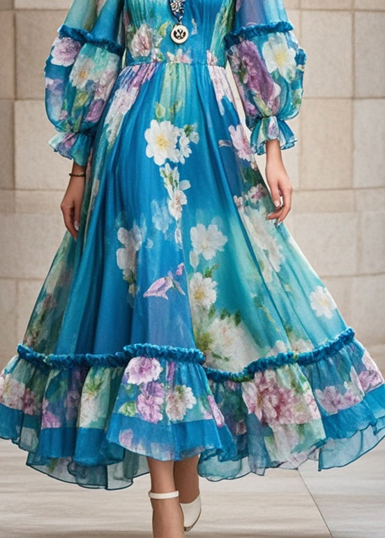 Square Neck Puff Sleeve Floral Print Ruffle Hem Chiffon Maxi Dress - View 4