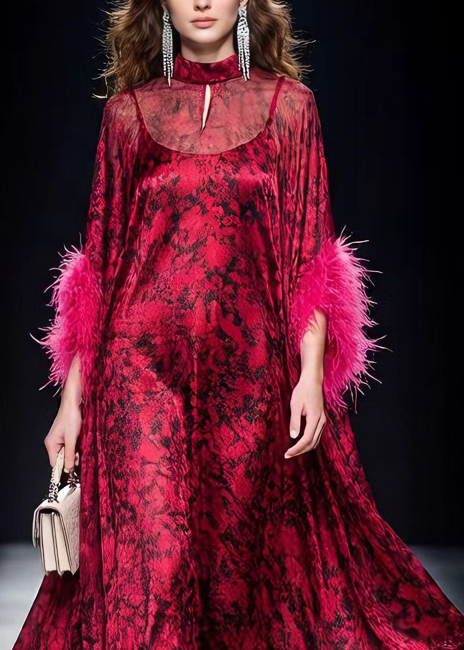 Unique Red Print Ruffled Fur Patchwork Chiffon Maxi Dress Spring - View 2