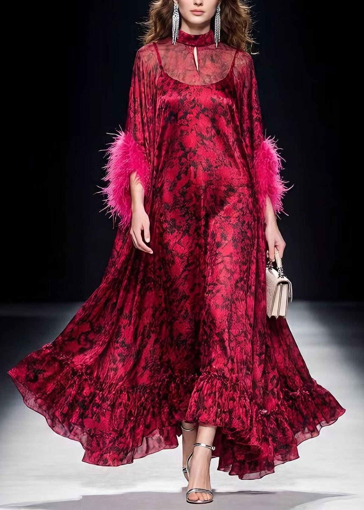 Unique Red Print Ruffled Fur Patchwork Chiffon Maxi Dress Spring - View 3
