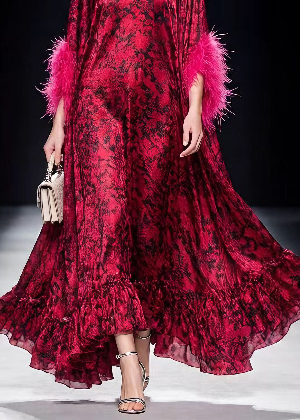 Unique Red Print Ruffled Fur Patchwork Chiffon Maxi Dress Spring - View 4