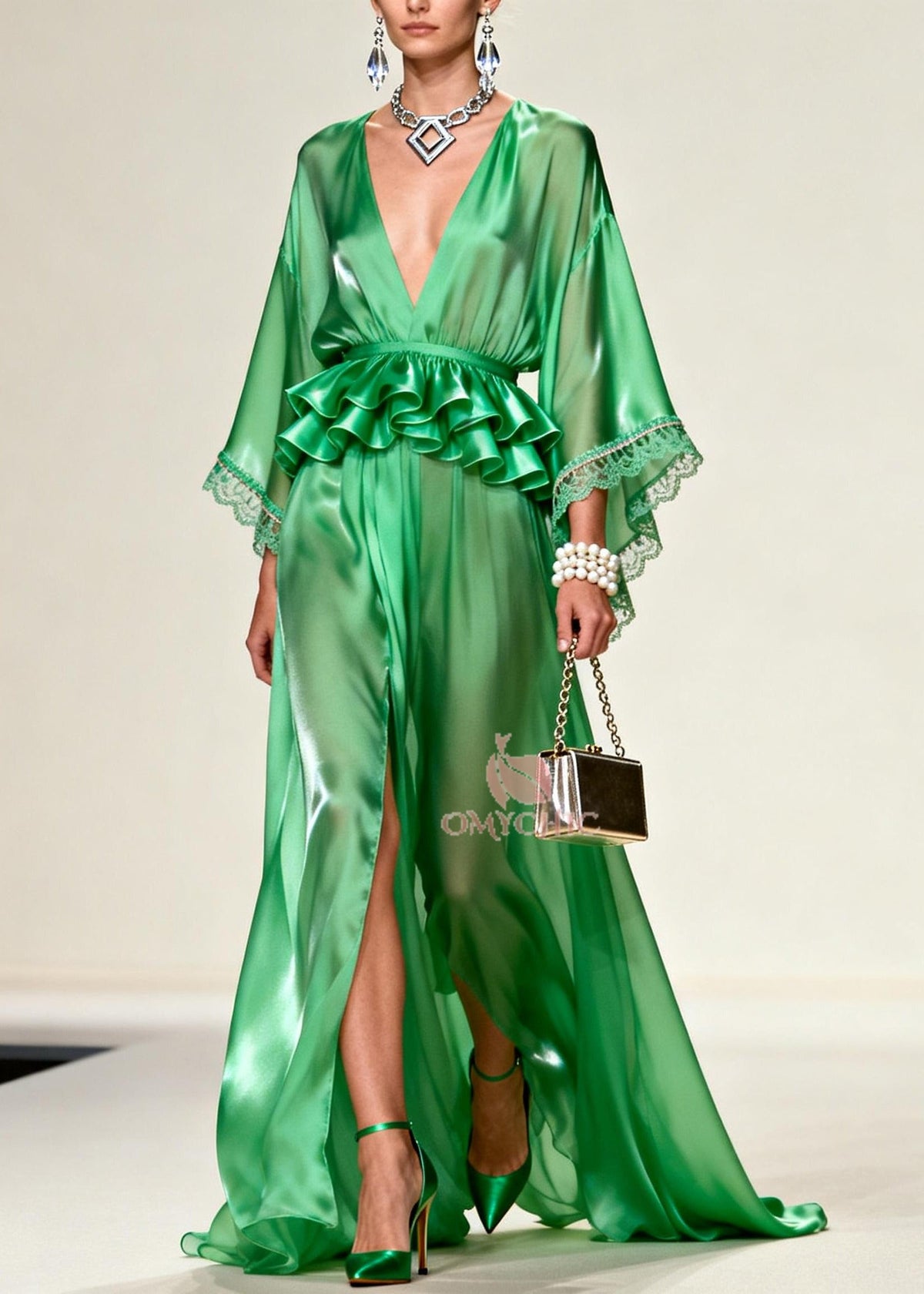 Deep V-Neck Lace Trim Bell Sleeve Peplum Waist Maxi Gown - View 3