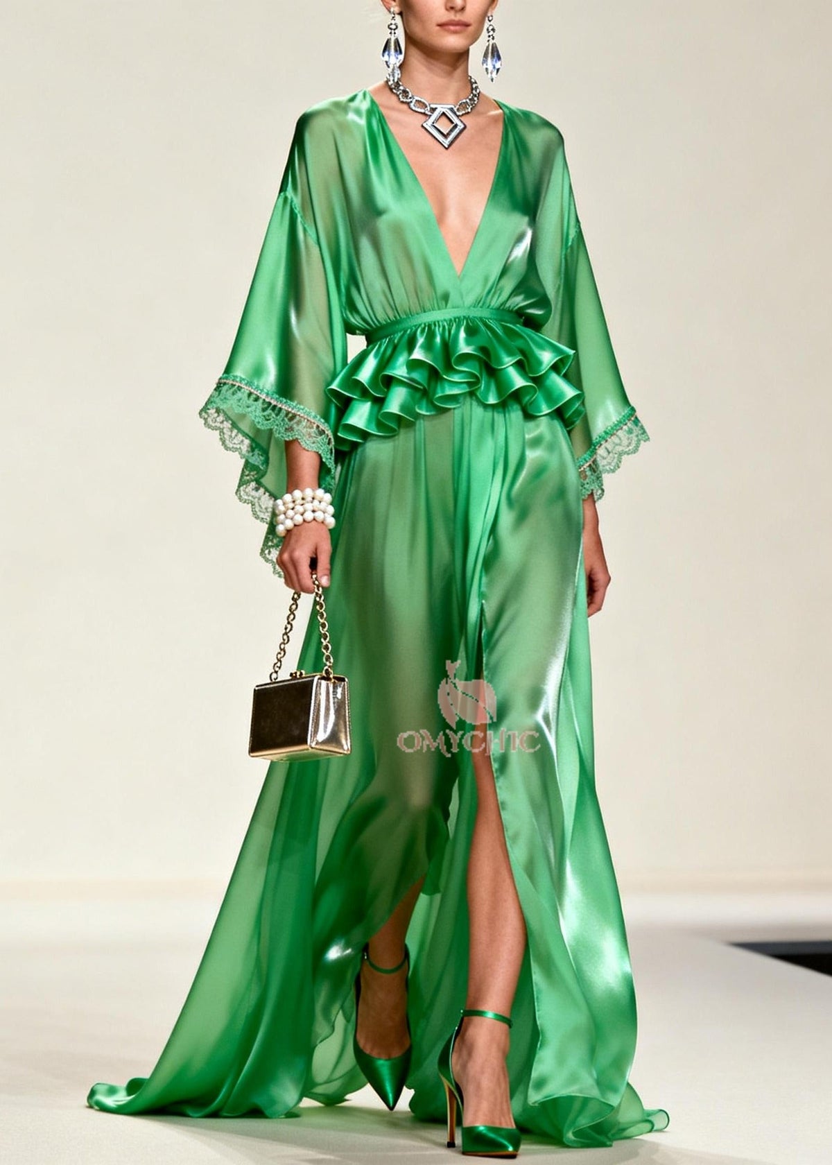Deep V-Neck Lace Trim Bell Sleeve Peplum Waist Maxi Gown - View 5