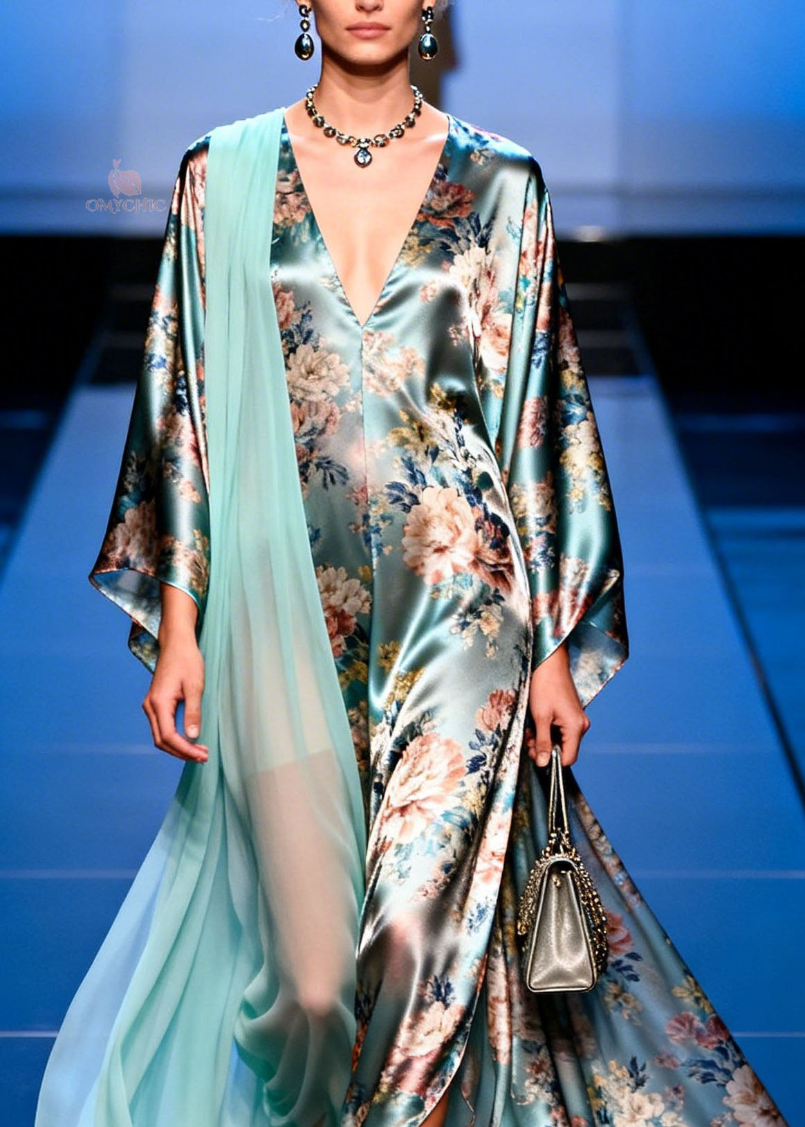 Satin Floral Print Deep V-Neck Sleeve Sheer Cape Trim Maxi Gown - View 2