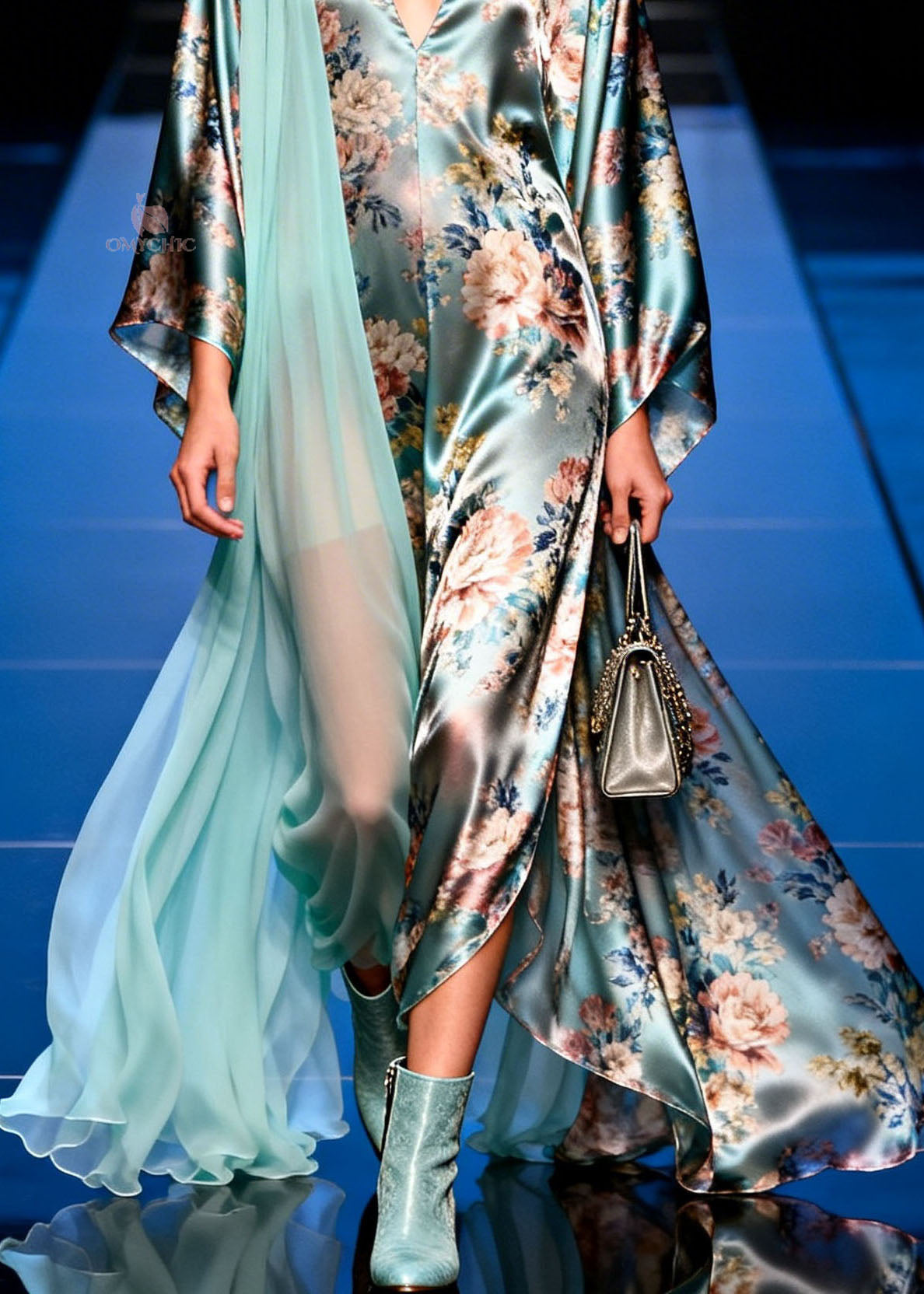 Satin Floral Print Deep V-Neck Sleeve Sheer Cape Trim Maxi Gown - View 4