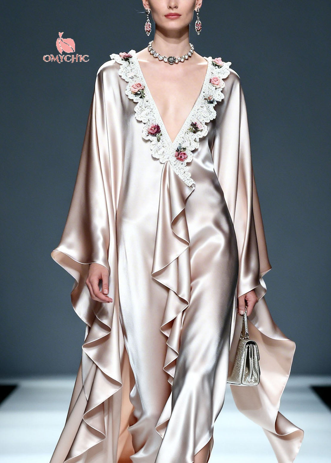 Unique V Neck Asymmetrical Ruffled Lace Floral Silk Dress - View 2